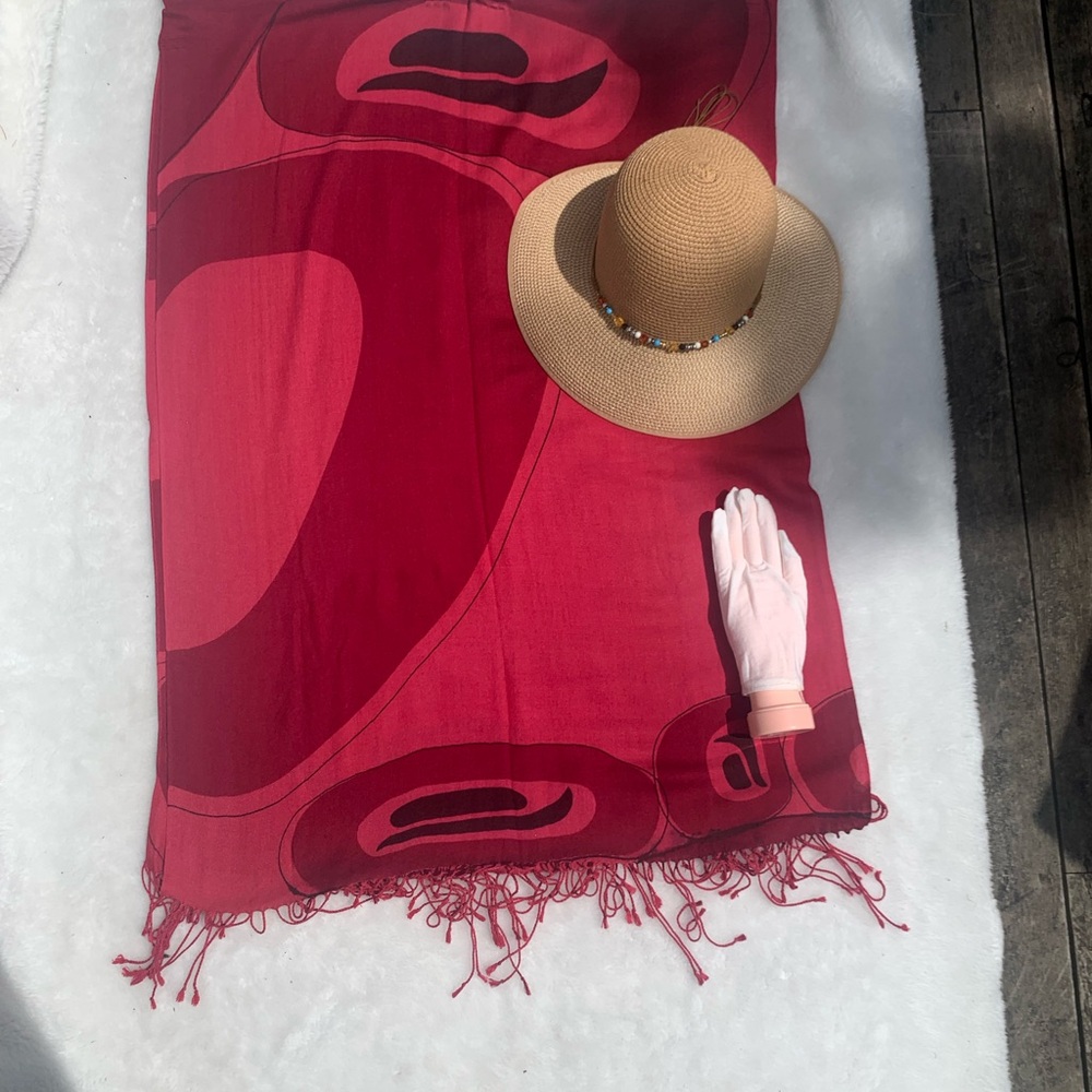 ⭐️ Native large SOY & WOOL Artist made fabric Scarf FIRST NATIONS Red Scarf - Picture 10 of 15